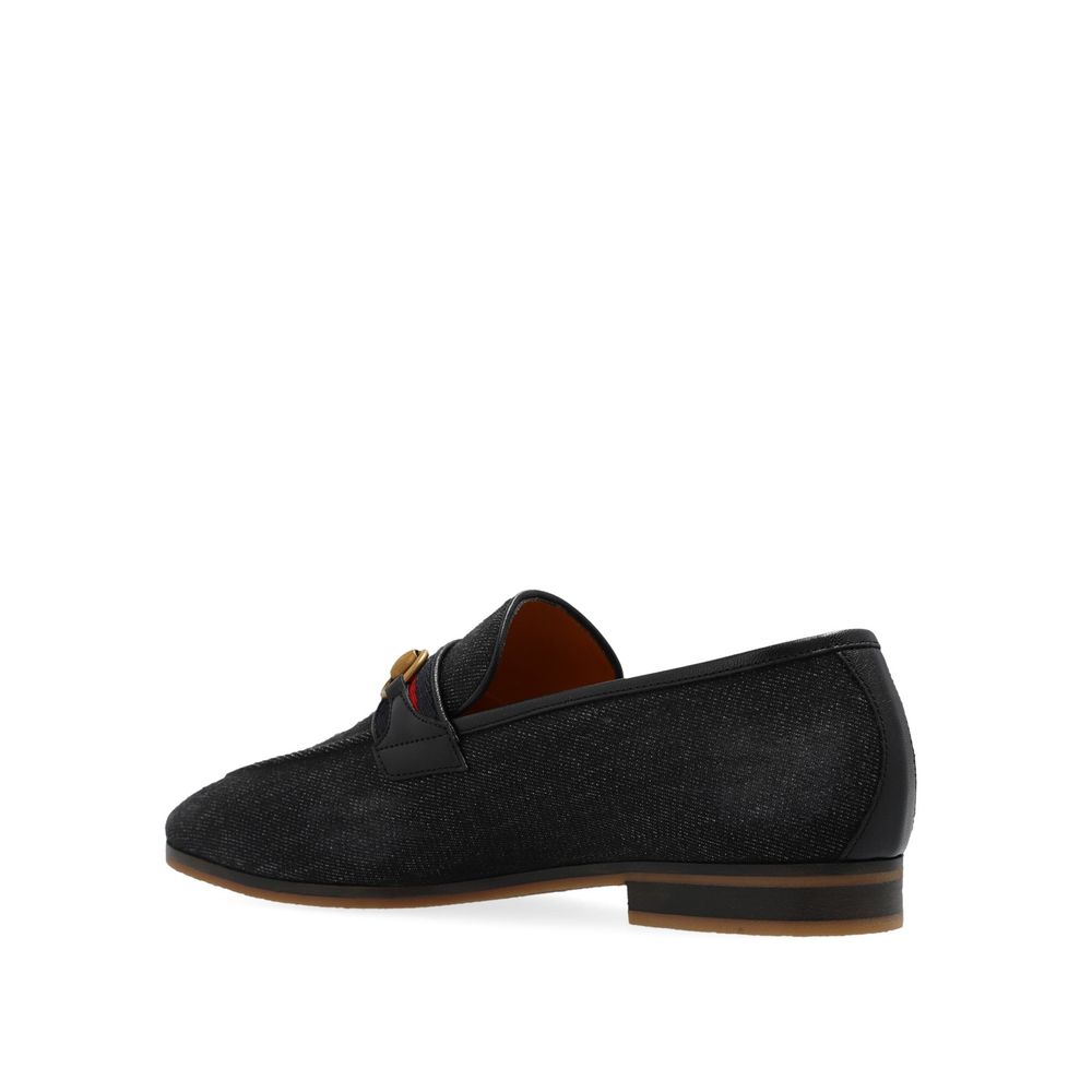Black Fabric Slip-On LoafersDescription: – Composition: 100% Fabric – Inner: Leather – Insole: Leather – Sole: Rubber – Leather detail – Almond toe – Slip-on design – Web stripe on the front – Gold-tone horsebit hardware – Made in Italy – Gender: MEN –Bla
