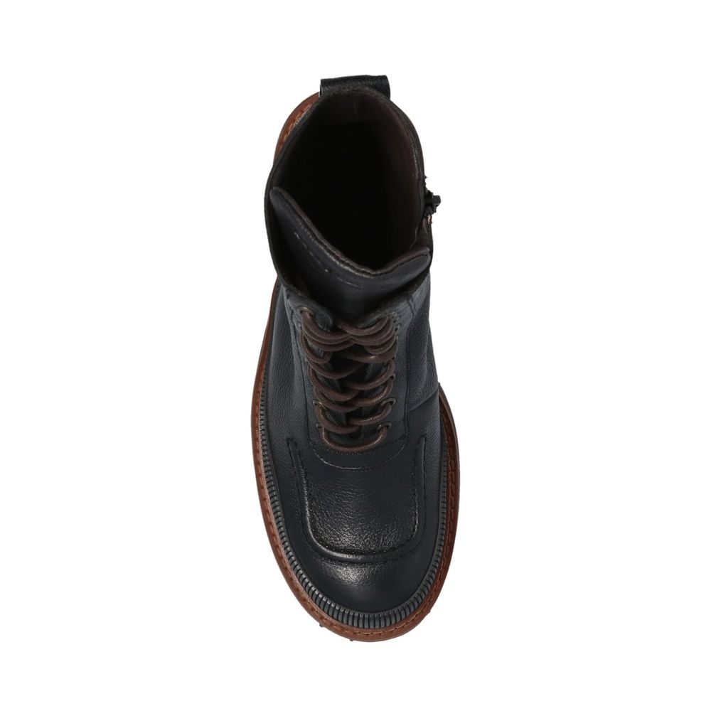 Black Calfskin Lace-Up BootsDescription: – Composition: 100% calf leather – Leather lining and insole – Rubber sole – Textured black leather – Lace-up fastening – Side zip fastening – Back logo detail – Heel 7 cm / 2,75 in – Made in Spain –Black Calfskin