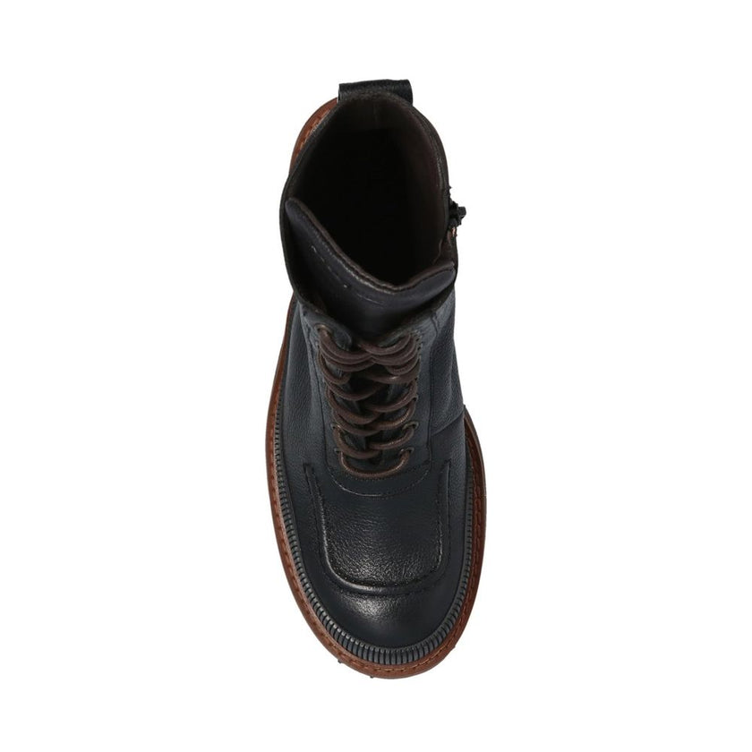 Black Calfskin Lace-Up BootsDescription: – Composition: 100% calf leather – Leather lining and insole – Rubber sole – Textured black leather – Lace-up fastening – Side zip fastening – Back logo detail – Heel 7 cm / 2,75 in – Made in Spain –Black Calfskin