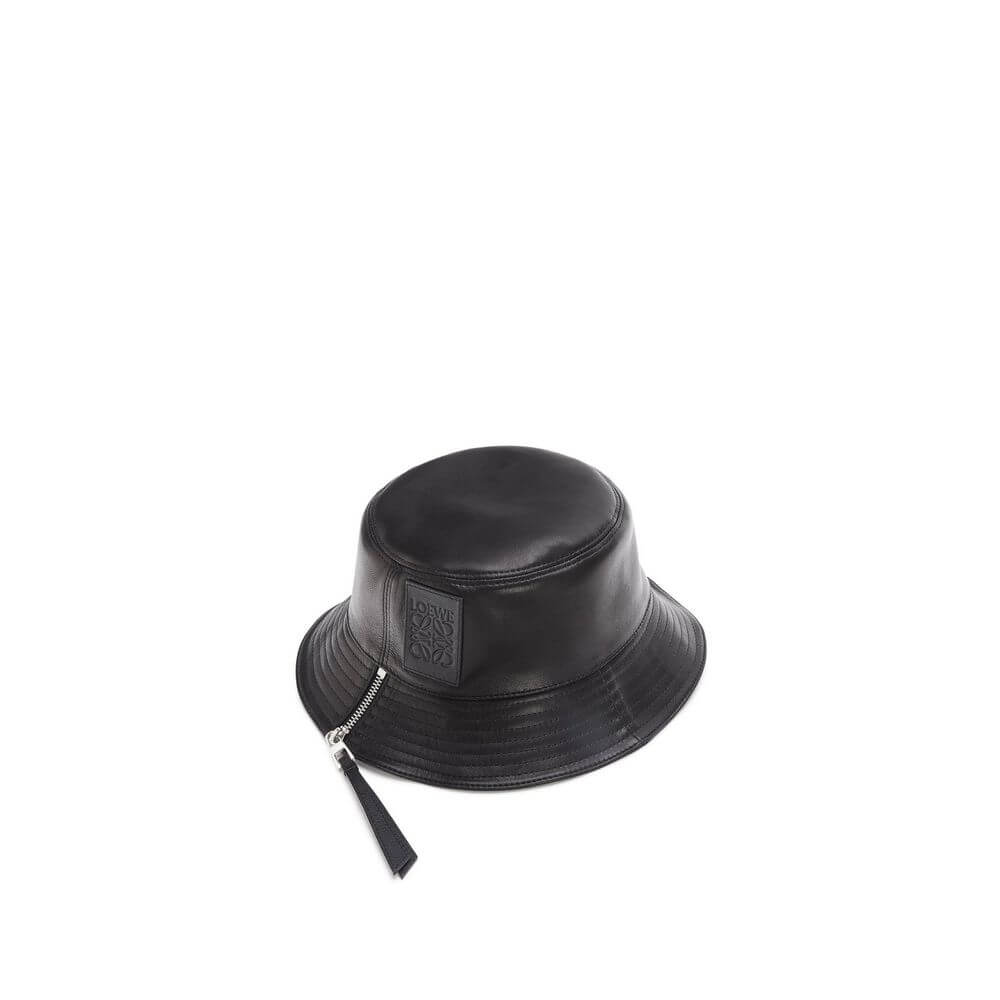 Black Calfskin Bucket HatDescription: – Composition: 100% calf leather – Lining: Cotton – Side zip closure – On-tone logo detail – Made in Portugal – Gender: MEN –Black Calfskin Bucket Hat${tagsLoeweAulae Leather Fisherman Hat LoeweAulae Leather Fisherman