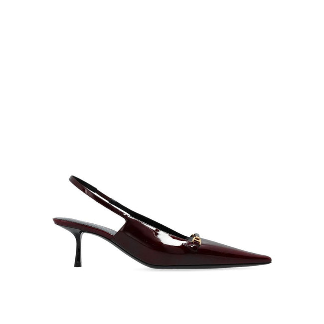 Burgundy Calfskin Mid Heel PumpsDescription: – Composition: 100% calf leather – Inner: Leather – Insole: Leather – Sole: Leather – Pointed toe – Patent effect – Elastic back insert – Branded insole – Heel 7 cm – Open back – Gold-tone metal hardware – Mid-