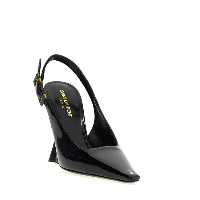 Black Calfskin High Heel PumpsDescription: – Composition: 100% calf leather – Inner: Leather – Insole: Leather – Sole: Leather – Pointed toe – Patent effect – Branded insole – Adjustable ankle strap – Flared heel – Tortoiseshell buckle – Made in Italy – G