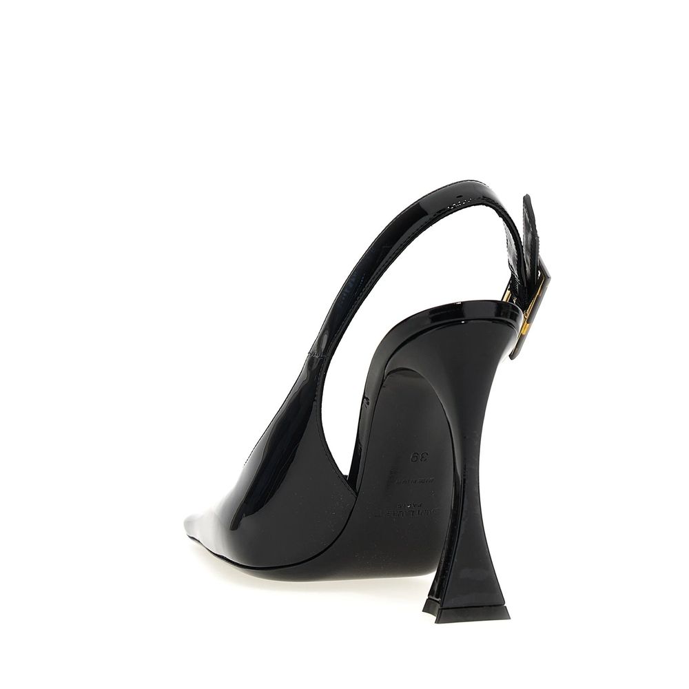 Black Calfskin High Heel PumpsDescription: – Composition: 100% calf leather – Inner: Leather – Insole: Leather – Sole: Leather – Pointed toe – Patent effect – Branded insole – Adjustable ankle strap – Flared heel – Tortoiseshell buckle – Made in Italy – G