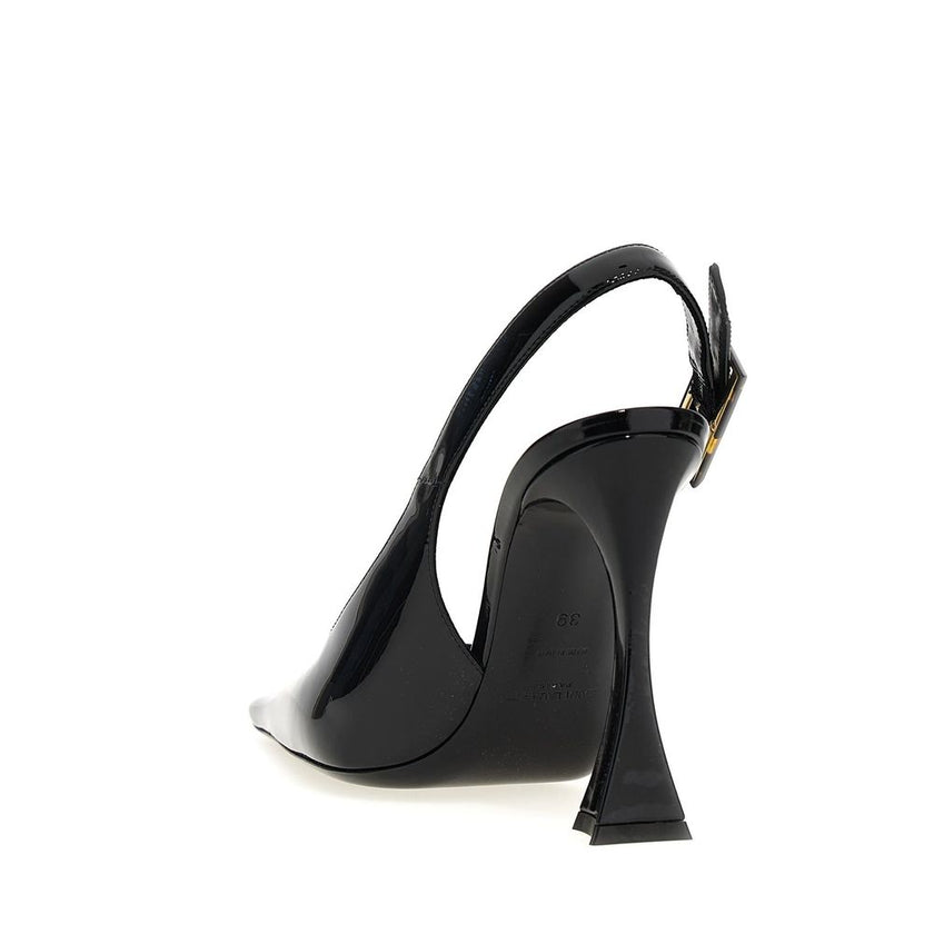 Black Calfskin High Heel PumpsDescription: – Composition: 100% calf leather – Inner: Leather – Insole: Leather – Sole: Leather – Pointed toe – Patent effect – Branded insole – Adjustable ankle strap – Flared heel – Tortoiseshell buckle – Made in Italy – G
