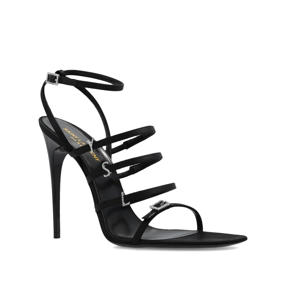 Black Silk Stiletto Heel SandalsDescription: – Composition: 100% silk – Leather insole and sole – Multi-buckle – Crystal embellishments – Iconic YSL monogram – Heel 13 cm / 5,1 in – Made in Italy –Black Silk Stiletto Heel Sandals${tagsSaint LaurentAulae J