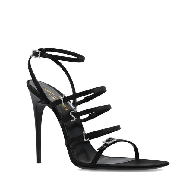 Black Silk Stiletto Heel SandalsDescription: – Composition: 100% silk – Leather insole and sole – Multi-buckle – Crystal embellishments – Iconic YSL monogram – Heel 13 cm / 5,1 in – Made in Italy –Black Silk Stiletto Heel Sandals${tagsSaint LaurentAulae J