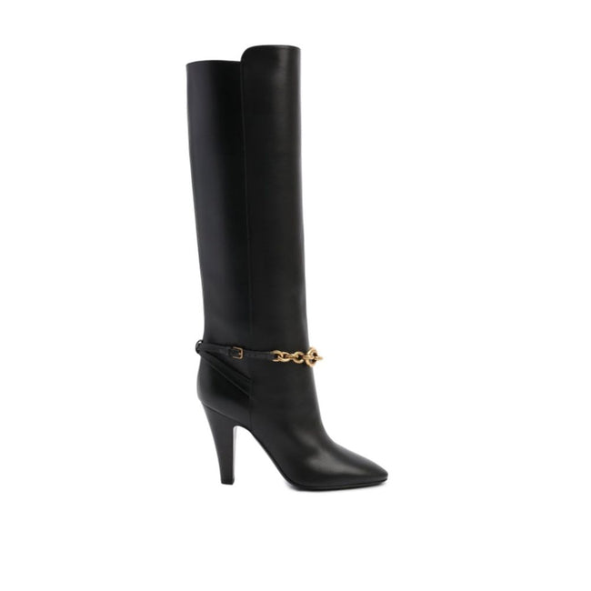 Leather BootsDescription: – Composition: 100% calf leather – Leather lining, insole, sole – Slip on – Pointed toe – Gold tone chain detail – Buckle detail – Heel 10 cm / 3,93 in – Made in Italy –Leather Boots${tagsSaint LaurentAulae Leather Boots Saint La