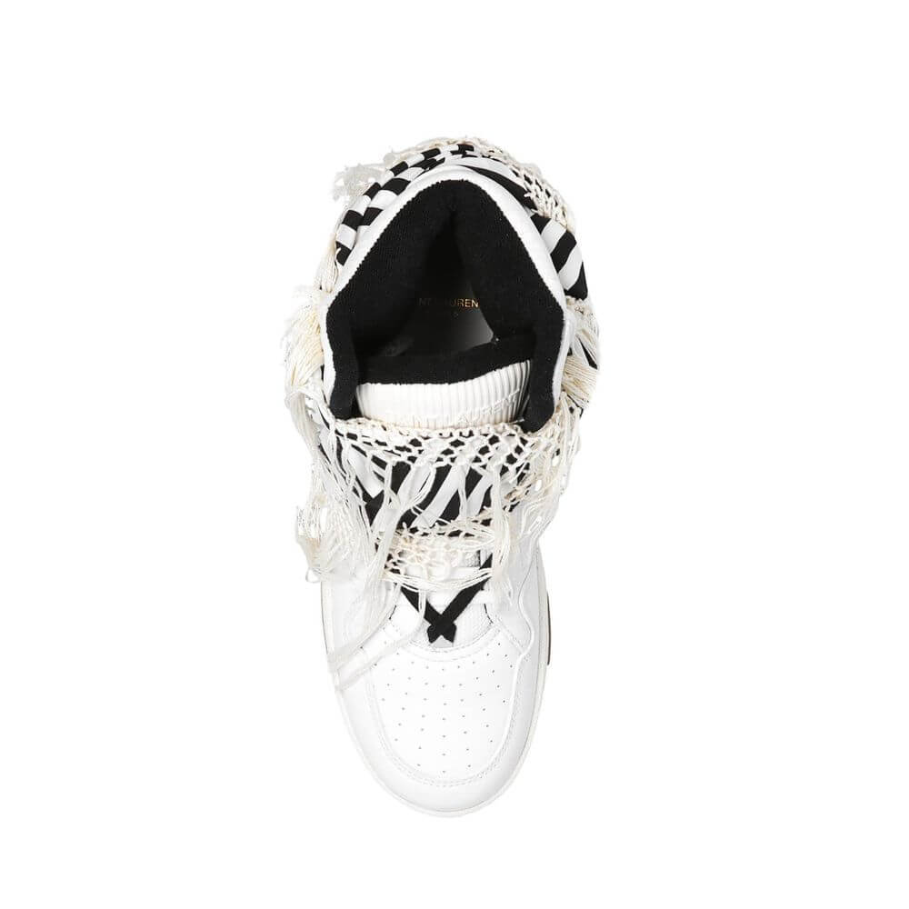 White Calfskin High Top SneakersDescription: – Composition: 100% calf leather – Leather insole – Rubber sole – Lace up – Perforated detail – Bandana detail – Logo detailing on the tongue – Made in Italy –White Calfskin High Top Sneakers${tagsSaint Laurent