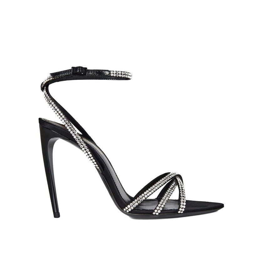 Black Silk Stiletto Heel SandalsDescription: – Composition: 100% Silk – Inner: 100% Leather – Insole: 100% Leather – Sole: 100% Leather – Ankle side buckle fastening – Almond toe – Rhinestones crisscrossed straps – Heel hight: 10.5 cm – Made in Italy – Ge
