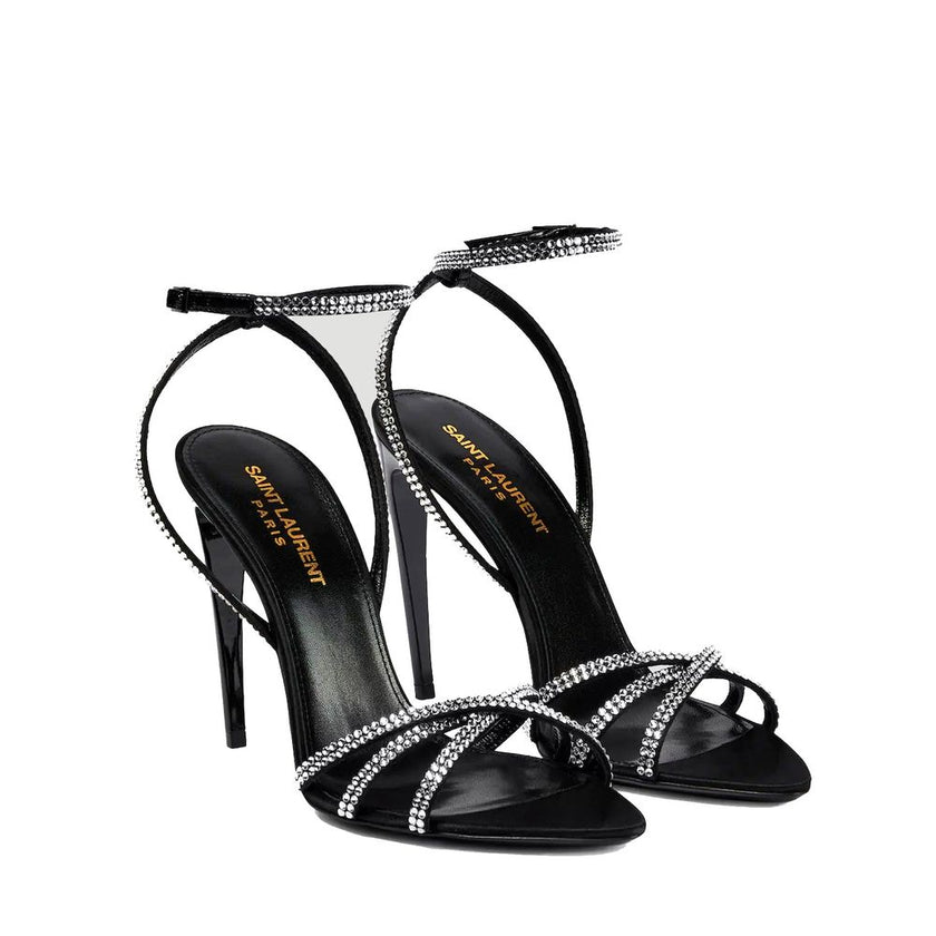Black Silk Stiletto Heel SandalsDescription: – Composition: 100% Silk – Inner: 100% Leather – Insole: 100% Leather – Sole: 100% Leather – Ankle side buckle fastening – Almond toe – Rhinestones crisscrossed straps – Heel hight: 10.5 cm – Made in Italy – Ge