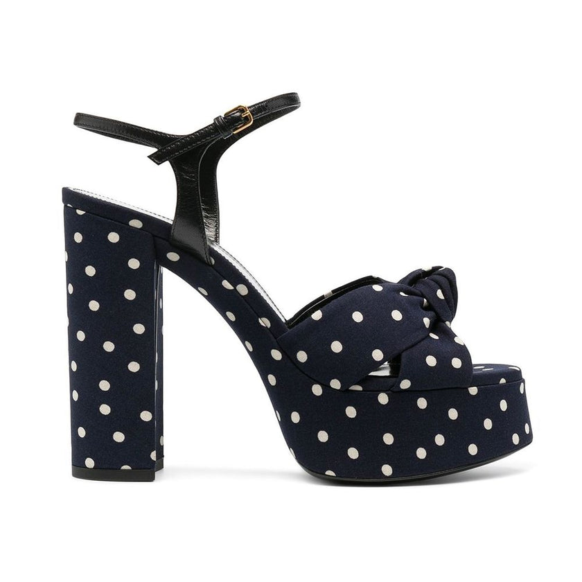 Blue Cotton Platform SandalsDescription: – Composition: 100% cotton – Leather lining, insole, sole – Heel 13 cm / 5,1 in – Platform 5 cm / 1,9 in – Made in Italy –Blue Cotton Platform Sandals${tagsSaint LaurentAulae Bianca Polka-Dot Sandals Saint LaurentA