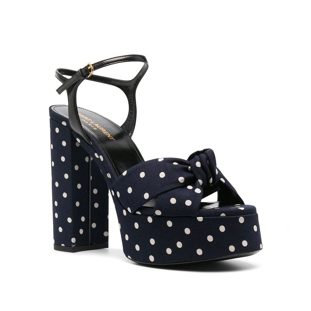 Blue Cotton Platform SandalsDescription: – Composition: 100% cotton – Leather lining, insole, sole – Heel 13 cm / 5,1 in – Platform 5 cm / 1,9 in – Made in Italy –Blue Cotton Platform Sandals${tagsSaint LaurentAulae Bianca Polka-Dot Sandals Saint LaurentA