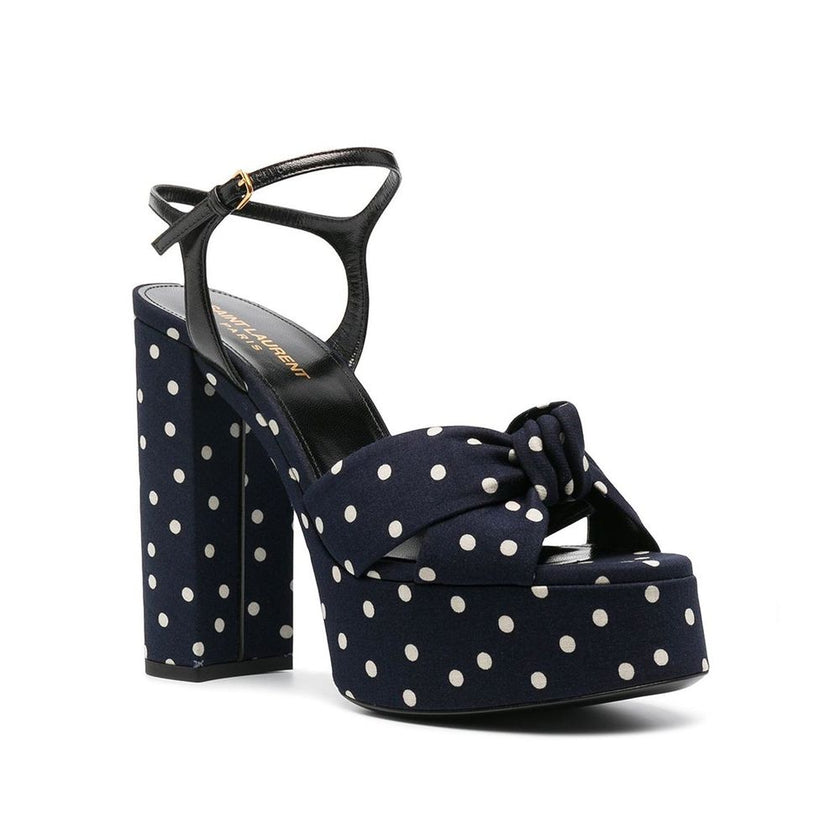 Blue Cotton Platform SandalsDescription: – Composition: 100% cotton – Leather lining, insole, sole – Heel 13 cm / 5,1 in – Platform 5 cm / 1,9 in – Made in Italy –Blue Cotton Platform Sandals${tagsSaint LaurentAulae Bianca Polka-Dot Sandals Saint LaurentA