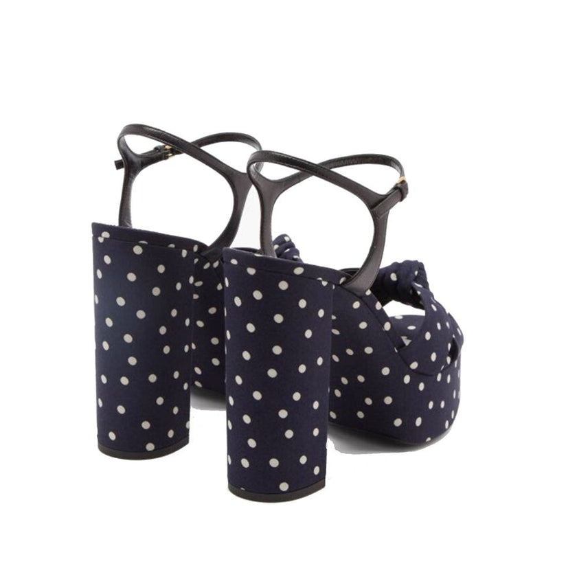 Blue Cotton Platform SandalsDescription: – Composition: 100% cotton – Leather lining, insole, sole – Heel 13 cm / 5,1 in – Platform 5 cm / 1,9 in – Made in Italy –Blue Cotton Platform Sandals${tagsSaint LaurentAulae Bianca Polka-Dot Sandals Saint LaurentA