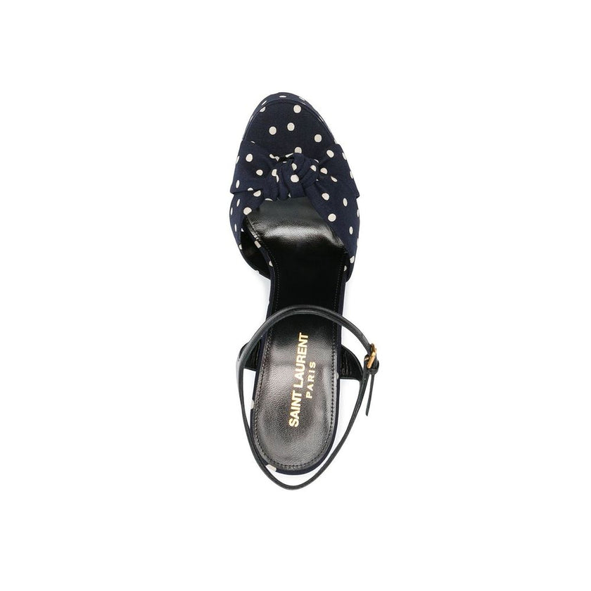 Blue Cotton Platform SandalsDescription: – Composition: 100% cotton – Leather lining, insole, sole – Heel 13 cm / 5,1 in – Platform 5 cm / 1,9 in – Made in Italy –Blue Cotton Platform Sandals${tagsSaint LaurentAulae Bianca Polka-Dot Sandals Saint LaurentA