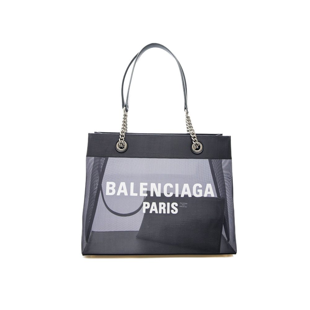 Black Polyester Tote BagDescription: – Composition: 100% polyester – Leather details – Leather and chain strap – Transparent details – Contrast logo detail – Length 35 cm / 13,7 in – Height 27 cm / 10,6 in – Width 14 cm / 5,5 in – Made in Italy –Black Pol