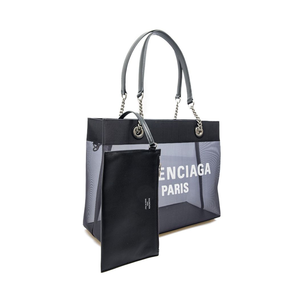 Black Polyester Tote BagDescription: – Composition: 100% polyester – Leather details – Leather and chain strap – Transparent details – Contrast logo detail – Length 35 cm / 13,7 in – Height 27 cm / 10,6 in – Width 14 cm / 5,5 in – Made in Italy –Black Pol