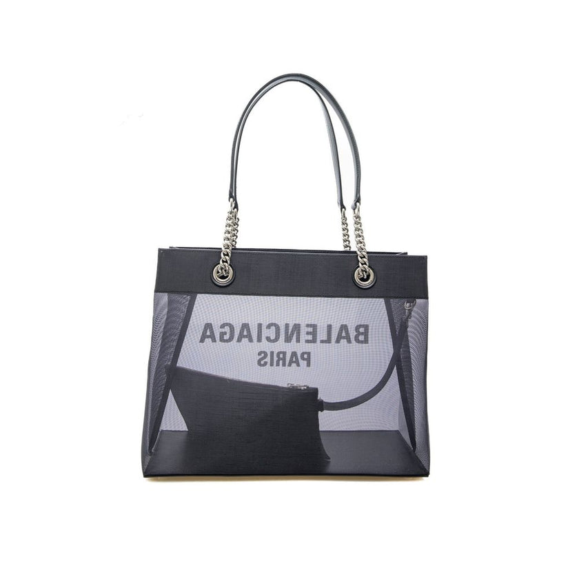 Black Polyester Tote BagDescription: – Composition: 100% polyester – Leather details – Leather and chain strap – Transparent details – Contrast logo detail – Length 35 cm / 13,7 in – Height 27 cm / 10,6 in – Width 14 cm / 5,5 in – Made in Italy –Black Pol