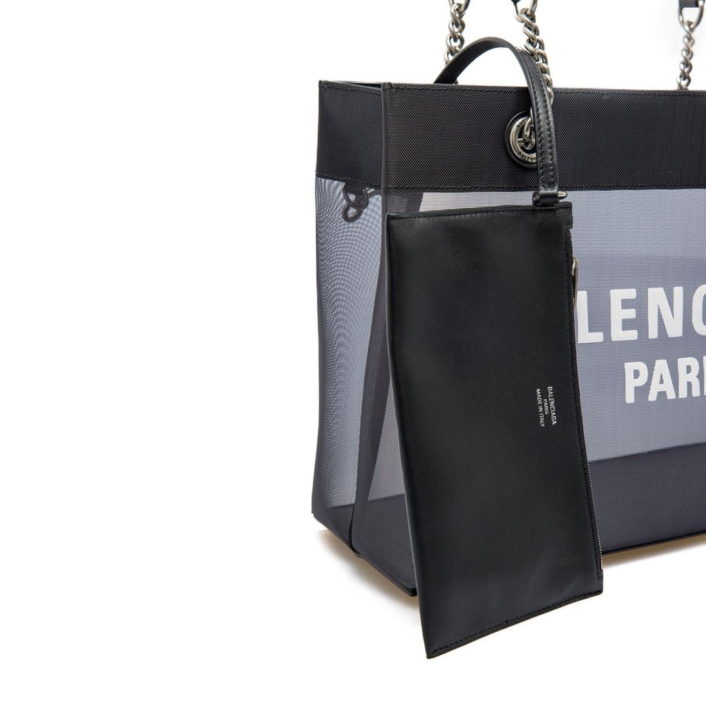 Black Polyester Tote BagDescription: – Composition: 100% polyester – Leather details – Leather and chain strap – Transparent details – Contrast logo detail – Length 35 cm / 13,7 in – Height 27 cm / 10,6 in – Width 14 cm / 5,5 in – Made in Italy –Black Pol