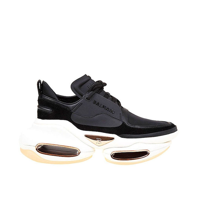 Black Calfskin Chunky SneakersDescription: – Composition: 100% calf leather – Fabric insert – Suede details – Leather lining and insole – Rubber sole – Relief logo detail – Made in Italy –Black Calfskin Chunky Sneakers${tagsBalmainAulae Leather And Fabric