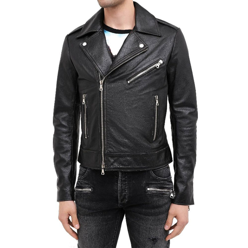 Black Leather Biker JacketDescription: – Composition: 100% Leather – Fully lined – Two side pockets – back logo relief – Front zip closure – Zipped cuffs – Made in Turkey – Gender: MEN – Size & Fit: Fits true to size. Straight cut. Non-stretch fabric. Lon