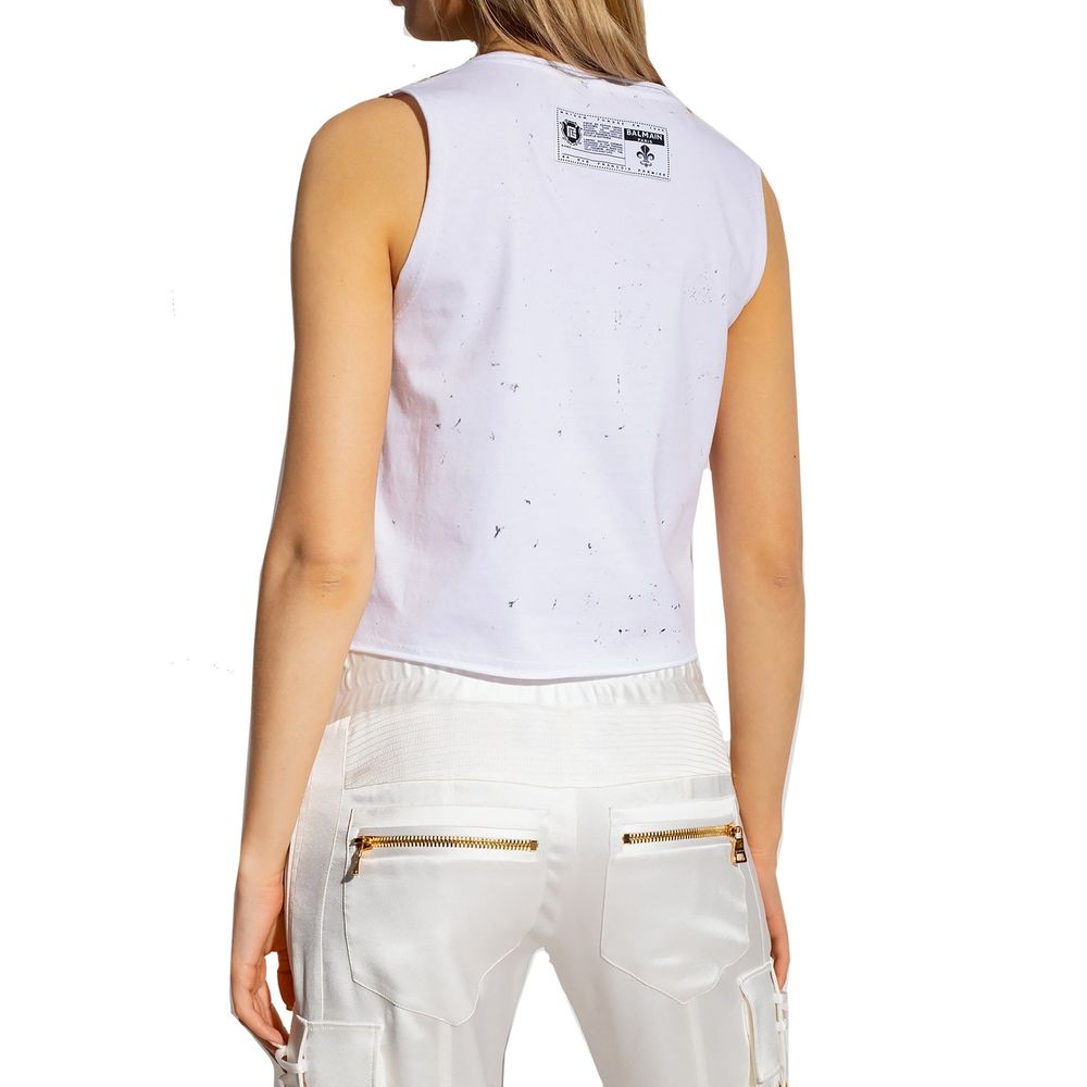 White Cotton T-ShirtDescription: – Composition: 100% Cotton – Sleeveless – Round neck – Front printed detail – Machine wash (delicate) – Decorative metal pins – Made in Italy – Gender: WOMEN –White Cotton T-Shirt${tagsBalmainAulae Printed Cotton Cropped T