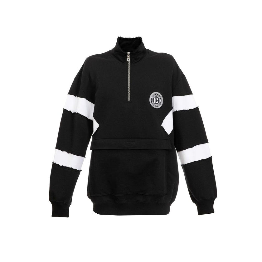 Black Cotton SweatshirtDescription: – Composition: 100% Cotton – Long sleeves – Ribbed trims – Front zip closure – Front logo detail – Machine wash (delicate) – One patch pocket – Colour block effect – Made in Italy – Gender: MEN – Size & Fit: Size in the