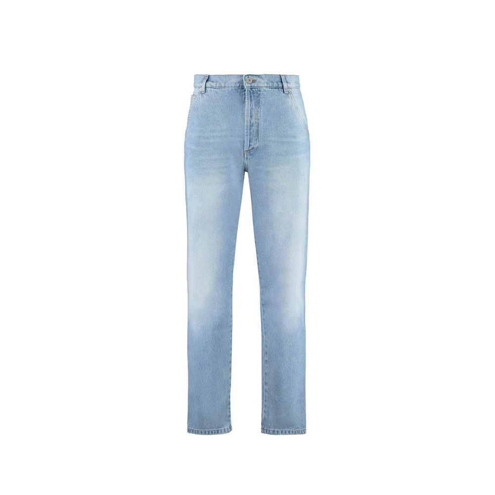 Blue Cotton Cropped JeansDescription: – Composition: 100% Cotton – Front button closure – Belt loops – Five pockets – Contrast stitching – Machine wash (delicate) – Medium waist – Made in Italy – Gender: MEN – Size & Fit: Model bust measurements: 96 cm Mo