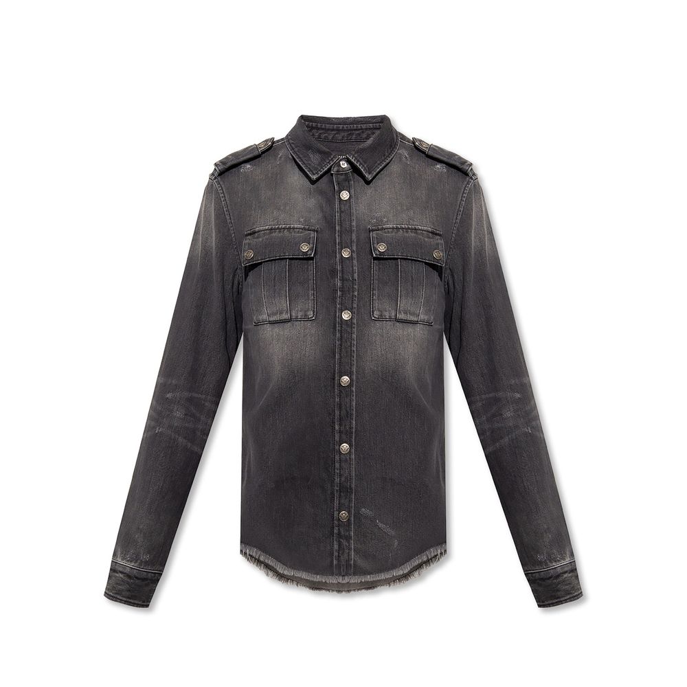 Black Denim ShirtDescription: – Composition: 100% Cotton – Long sleeves – Front button closure – Machine wash – Two front pockets – Fringe finish – Destroyed effect – Gender: MEN –Black Denim Shirt${tagsBalmainAulae Black Denim Shirt BalmainAulae Black De