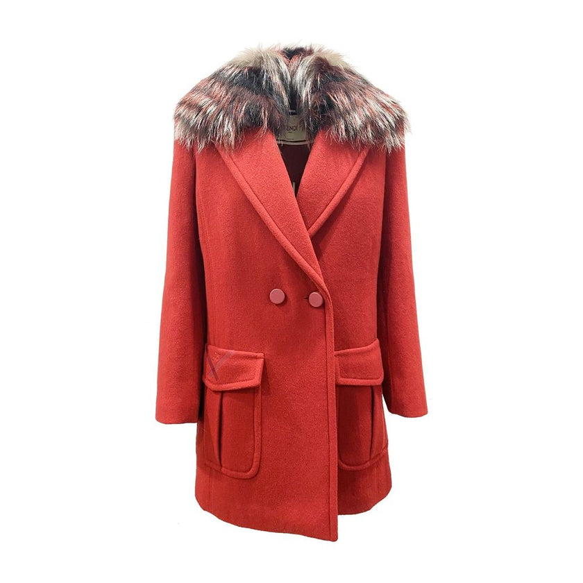 Red Virgin Wool CoatDescription: – Composition: 100% virgin wool – Unlined – Removable fox fur collar – Double breasted button closure – Long sleeves – Two side pockets with flaps – Embroidered logo detail – Center back vent – Made in Italy –Red Virgin Wo
