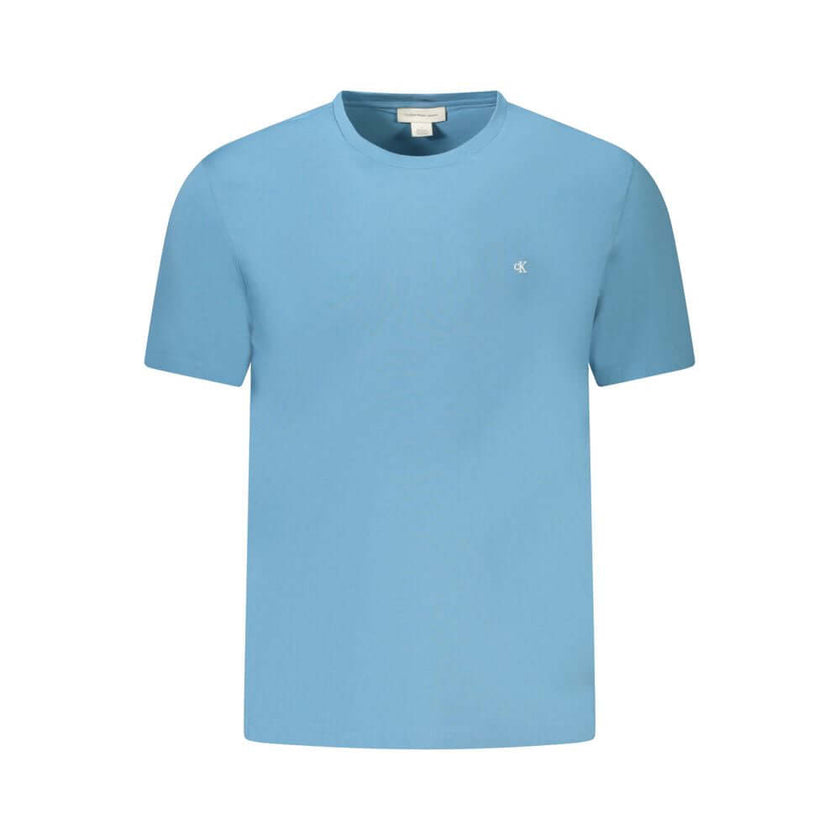 Blue Cotton Men T-ShirtImmerse yourself in the effortless sophistication of Calvin Klein with this striking blue T-shirt. Crafted with the finest cotton for maximum comfort, it features a sleek crew neck and is adorned with the iconic Calvin Klein logo em