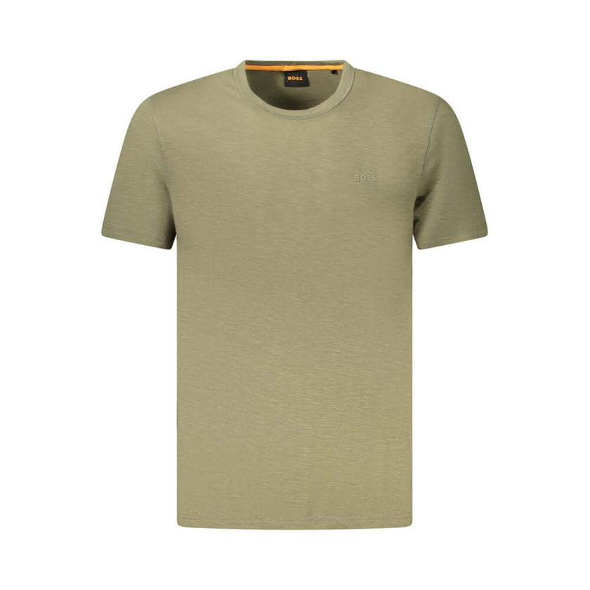 Green Cotton Men T-ShirtElevate your style quotient with the impeccable craftsmanship of Hugo Boss. This short-sleeve T-shirt is not just another addition to your wardrobe, it’s a statement. Sporting a bold crew neck silhouette adorned with a striking pri