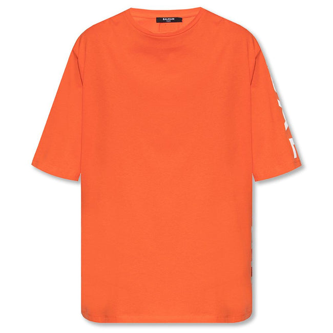 Orange Cotton T-ShirtBalmain cotton t-shirt with short sleeves and logo print on the side and rubber logo on the backOrange Cotton T-Shirt${tagsBalmainAulae Orange Cotton T-Shirt BalmainAulae Orange Cotton T-Shirt Balmain cotton t-shirt with short sleeves