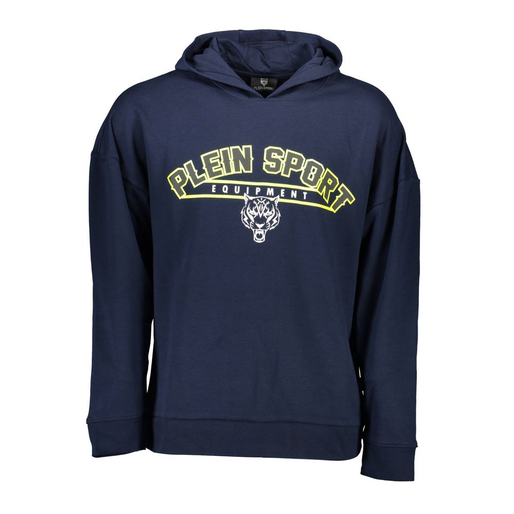 Blue Cotton Men SweaterElevate your athleisure collection with the unmistakable edge of Plein Sport. This long-sleeved hoodie commands attention with its striking blue hue and contrasting details. Bold prints and the iconic Plein Sport logo emblazon the p