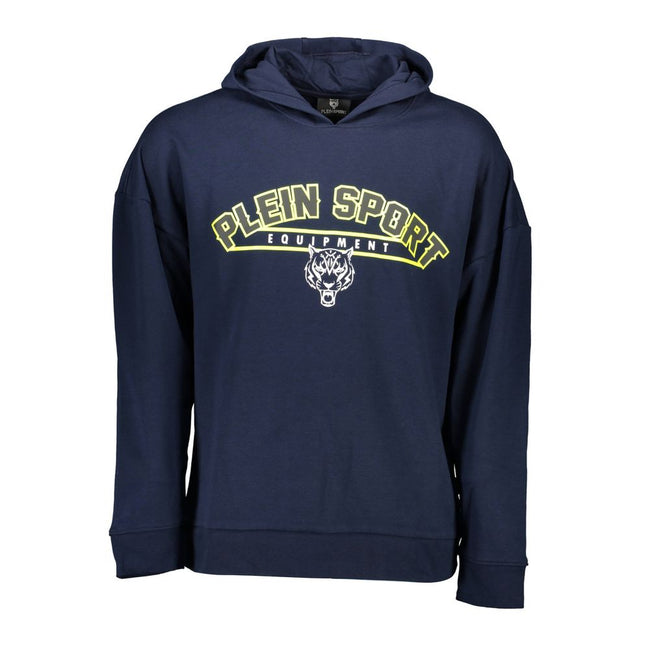 Blue Cotton Men SweaterElevate your athleisure collection with the unmistakable edge of Plein Sport. This long-sleeved hoodie commands attention with its striking blue hue and contrasting details. Bold prints and the iconic Plein Sport logo emblazon the p