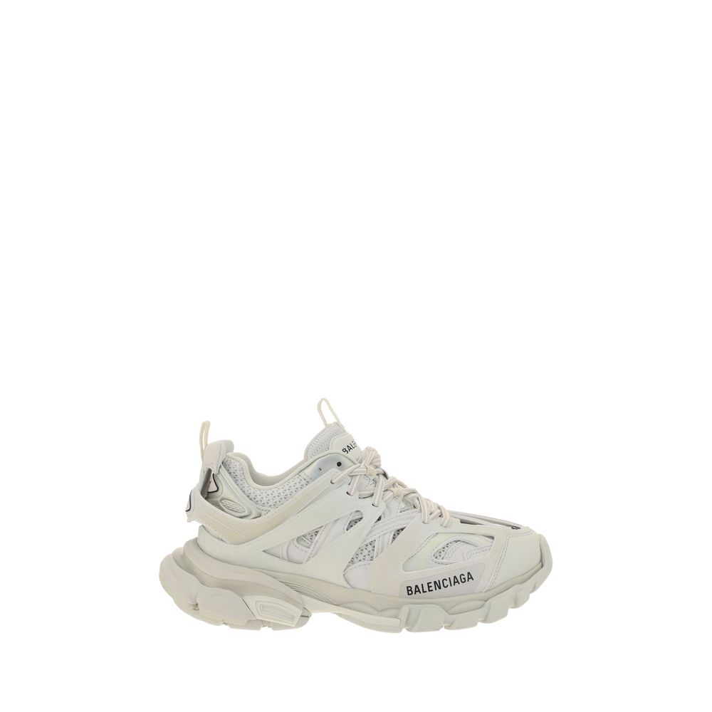 White Polyethylene Athletic SneakersTrack Sneakers by Balenciaga, inspired by high tech running shoes, multi layers upper with mixed materials and leather details, lace up front closure, size number at toe, structured sole, contrast printed brand logo on