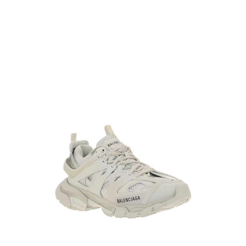 White Polyethylene Athletic SneakersTrack Sneakers by Balenciaga, inspired by high tech running shoes, multi layers upper with mixed materials and leather details, lace up front closure, size number at toe, structured sole, contrast printed brand logo on