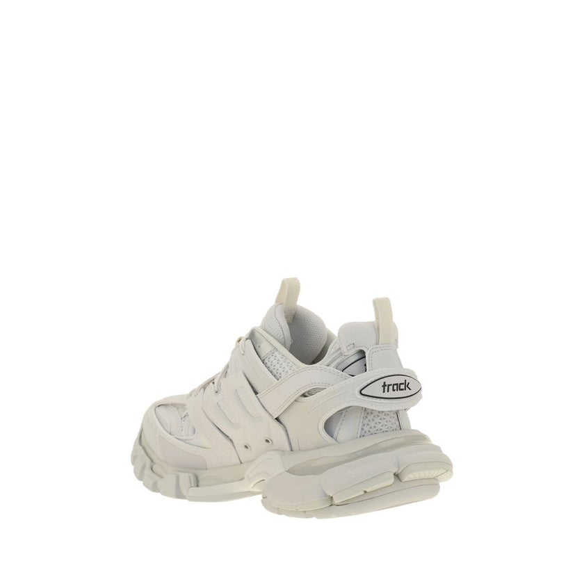White Polyethylene Athletic SneakersTrack Sneakers by Balenciaga, inspired by high tech running shoes, multi layers upper with mixed materials and leather details, lace up front closure, size number at toe, structured sole, contrast printed brand logo on