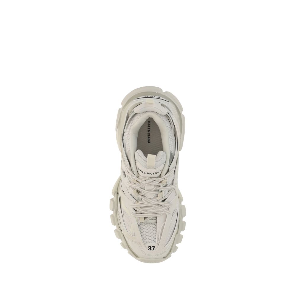White Polyethylene Athletic SneakersTrack Sneakers by Balenciaga, inspired by high tech running shoes, multi layers upper with mixed materials and leather details, lace up front closure, size number at toe, structured sole, contrast printed brand logo on