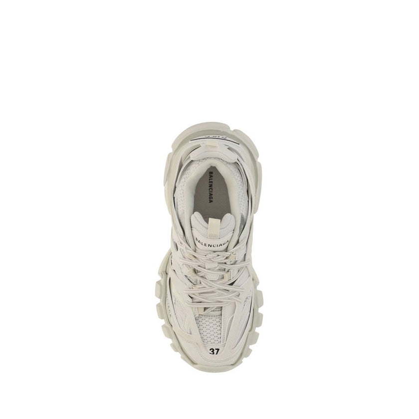 White Polyethylene Athletic SneakersTrack Sneakers by Balenciaga, inspired by high tech running shoes, multi layers upper with mixed materials and leather details, lace up front closure, size number at toe, structured sole, contrast printed brand logo on