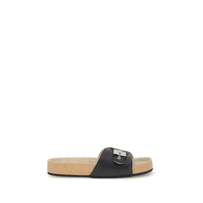 Black Calf Leather Bos Taurus Flat SandalsThe Scholl Flat Sandals by Balenciaga, made of calfskin leather, are the result of a collaboration between the two brands and blend ergonomic comfort with contemporary style. The model, open at the front, features