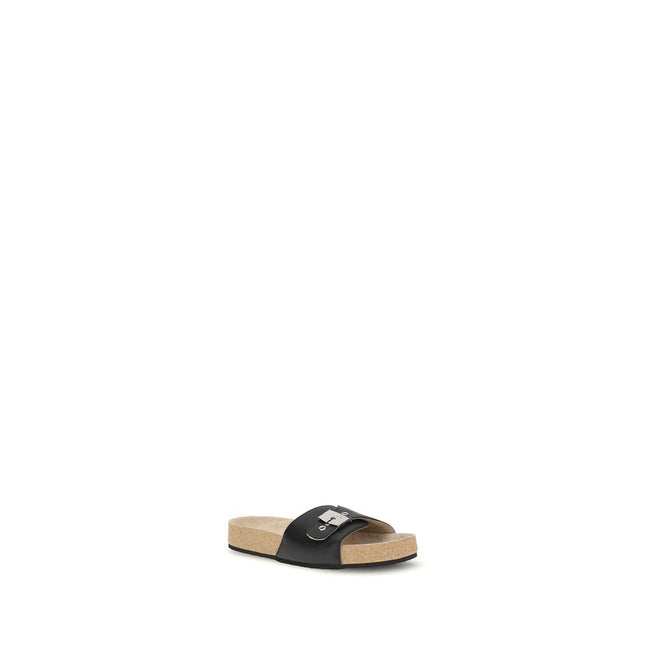 Black Calf Leather Bos Taurus Flat SandalsThe Scholl Flat Sandals by Balenciaga, made of calfskin leather, are the result of a collaboration between the two brands and blend ergonomic comfort with contemporary style. The model, open at the front, features