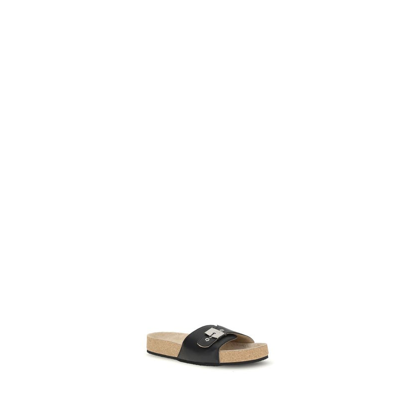 Black Calf Leather Bos Taurus Flat SandalsThe Scholl Flat Sandals by Balenciaga, made of calfskin leather, are the result of a collaboration between the two brands and blend ergonomic comfort with contemporary style. The model, open at the front, features