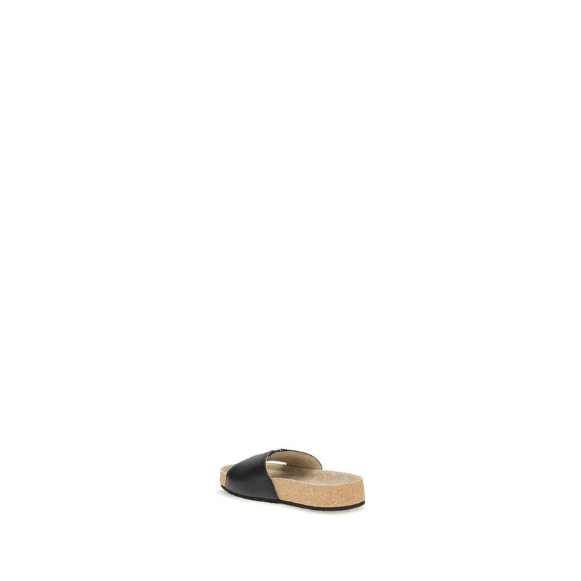 Black Calf Leather Bos Taurus Flat SandalsThe Scholl Flat Sandals by Balenciaga, made of calfskin leather, are the result of a collaboration between the two brands and blend ergonomic comfort with contemporary style. The model, open at the front, features