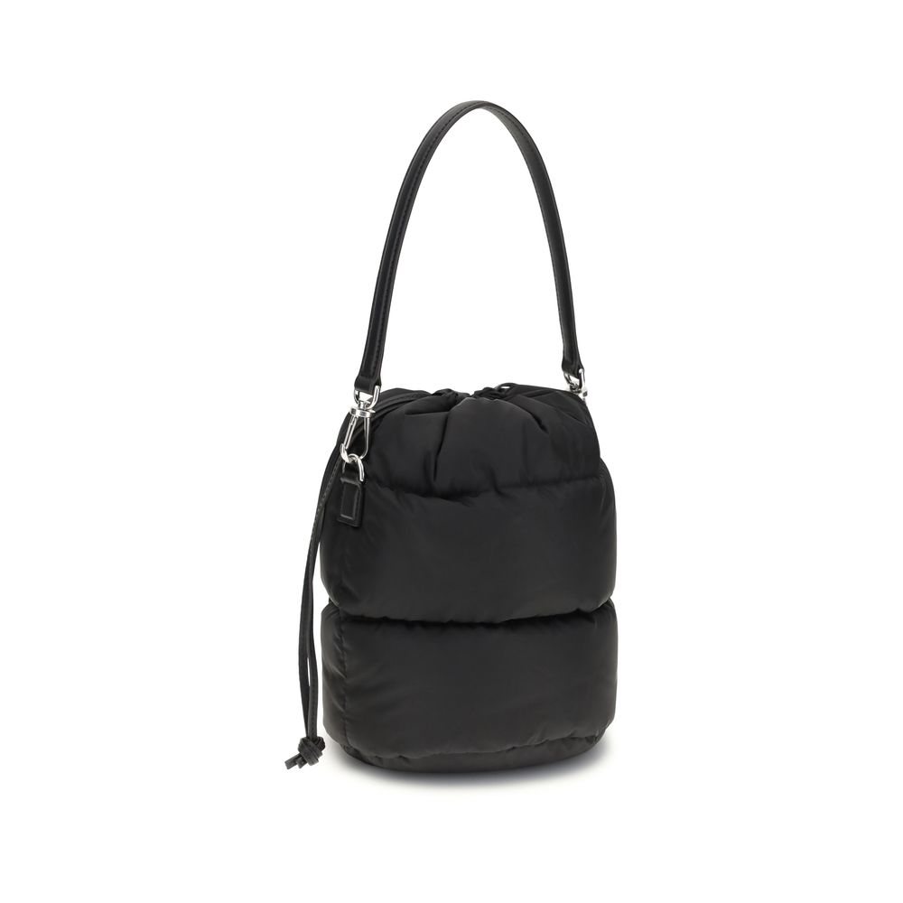 Black Polyester Backet BagMoncler’s Caradoc Bucket Bag is made of water-repellent nylon, with an inner lining of the same material for extra protection. Padded with down, it offers a practical drawstring closure. The leather shoulder strap is adjustable a