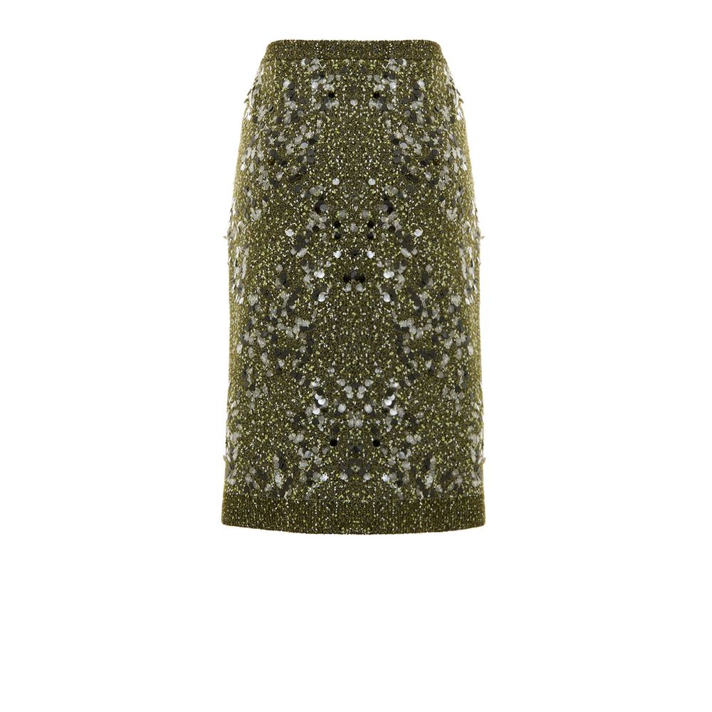 Green Viscose Mini SkirtMilitary Green Sequined Knit Skirt Gucci. In military green, knitwear, elasticated waistband, tube model, above-the-knee length. Multicolored sequins applied. Composition: 51% Viscose, 30% Polyamide, 18% Wool, 1% Elastane Internal