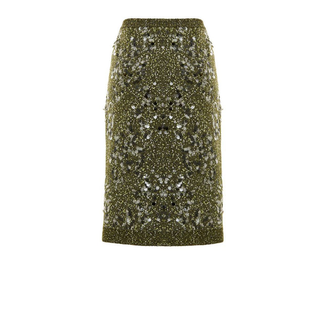 Green Viscose Mini SkirtMilitary Green Sequined Knit Skirt Gucci. In military green, knitwear, elasticated waistband, tube model, above-the-knee length. Multicolored sequins applied. Composition: 51% Viscose, 30% Polyamide, 18% Wool, 1% Elastane Internal