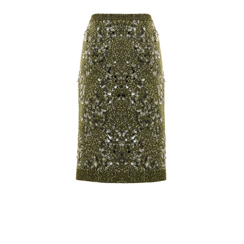 Green Viscose Mini SkirtMilitary Green Sequined Knit Skirt Gucci. In military green, knitwear, elasticated waistband, tube model, above-the-knee length. Multicolored sequins applied. Composition: 51% Viscose, 30% Polyamide, 18% Wool, 1% Elastane Internal