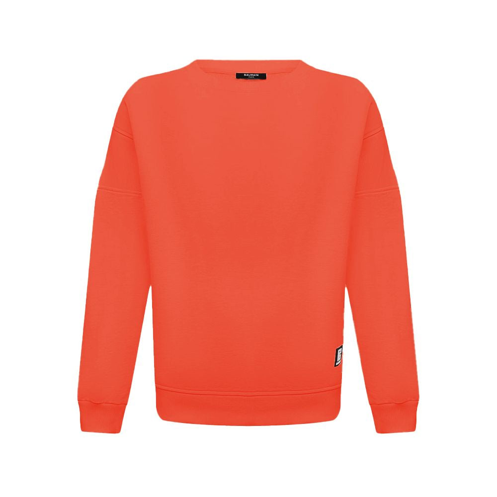 Orange Cotton Men SweaterElevate your style quotient with the Balmain cotton sweatshirt, where comfort meets high fashion. This bold orange piece showcases an audacious logo print on the back complemented by a striking rubber logo on the front, encapsulat