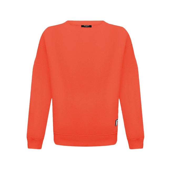 Orange Cotton Men SweaterElevate your style quotient with the Balmain cotton sweatshirt, where comfort meets high fashion. This bold orange piece showcases an audacious logo print on the back complemented by a striking rubber logo on the front, encapsulat